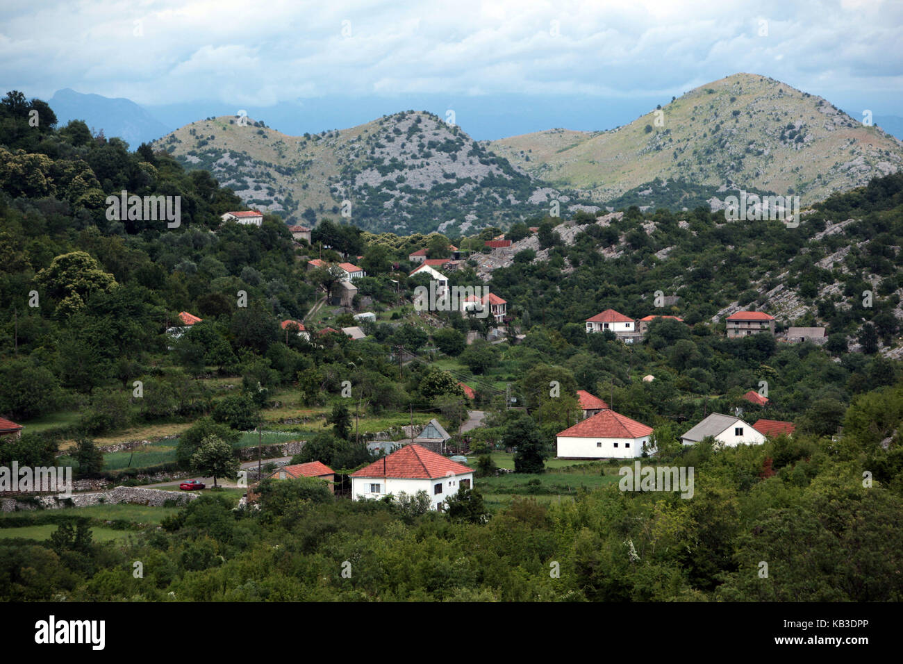 Montenegro, scenery in the Skutarisee, Godinje, mountain village, houses, Stock Photo