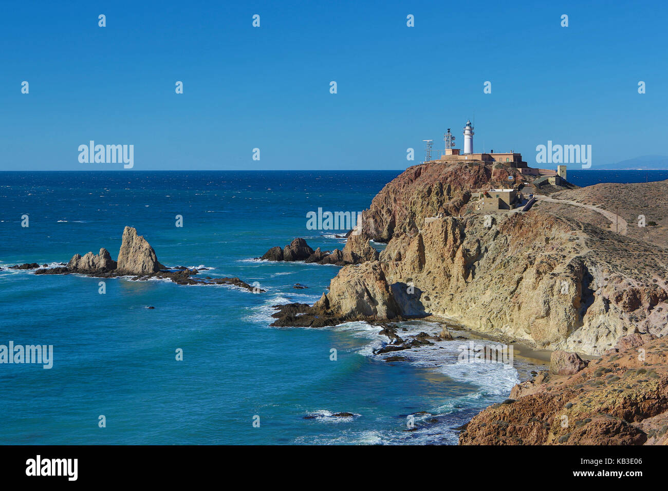 Spain, Andalusia, province Almeria, rock coast, lighthouse of Gata Stock Photo