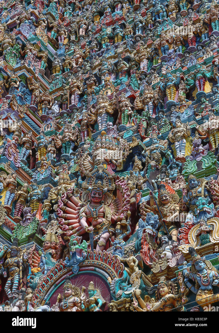 India, Tamil Nadu, Madurai, Minakshi temple, Gopuram, decorations, detail Stock Photo