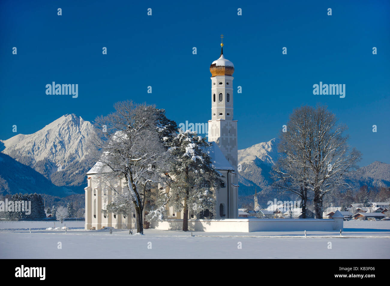 Panorama of the alps near Füssen in the Allgäu while pilgrimage church ...