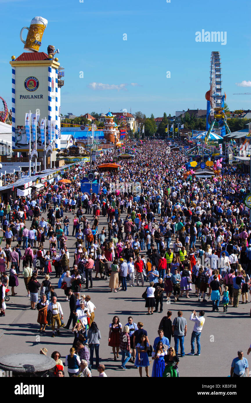 Oktoberfest in Munich, view of the Bavaria on the full streets with guests, Stock Photo