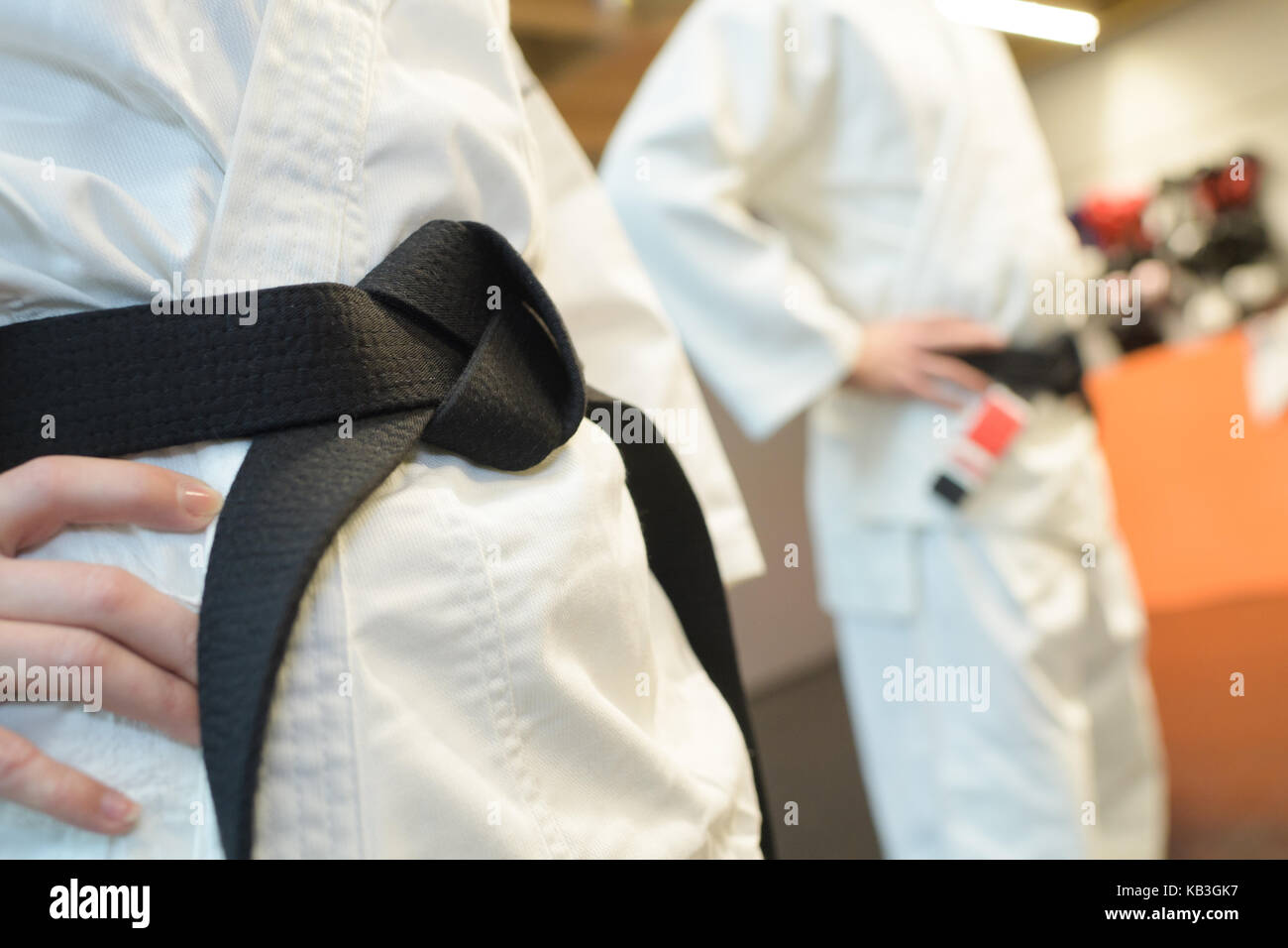girl and boy with a black belt in martial arts Stock Photo Alamy