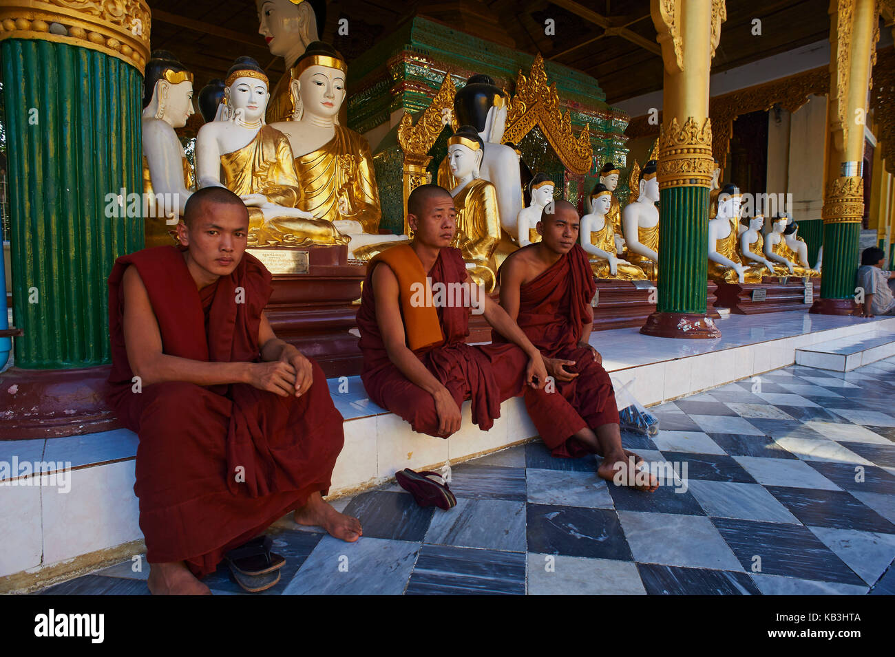 Monks, Shwedagon Paya pagoda, Myanmar, Asia, Stock Photo