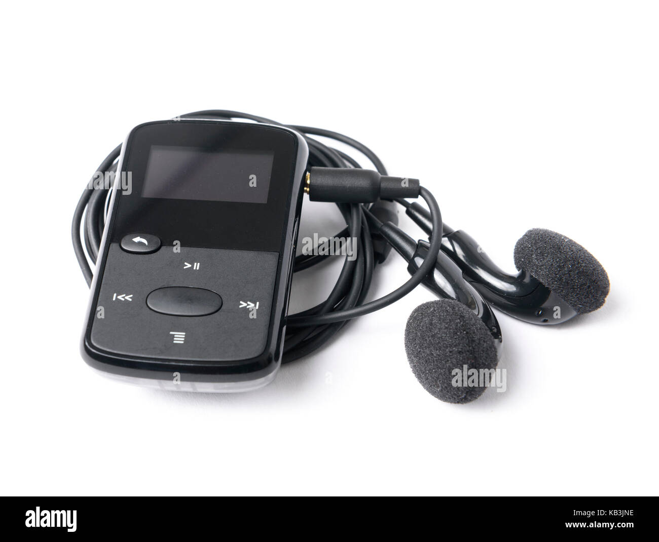 Black mp3 player with earbuds cut out isolated on white background Stock Photo
