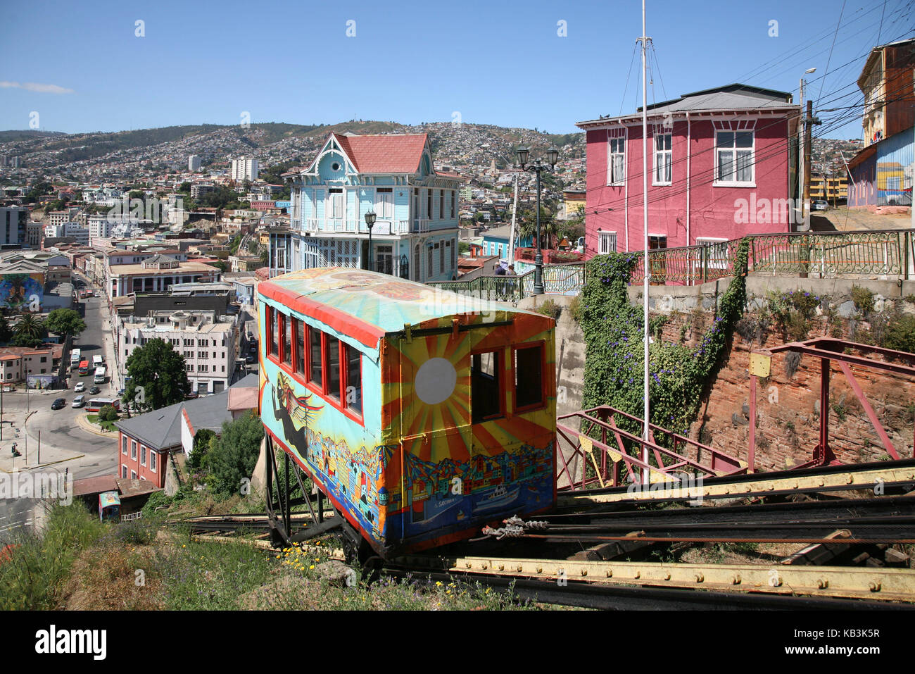 Chile, Valparaiso, Cerro Artilleria, funicular railway, Ascensor Artilleria, Stock Photo