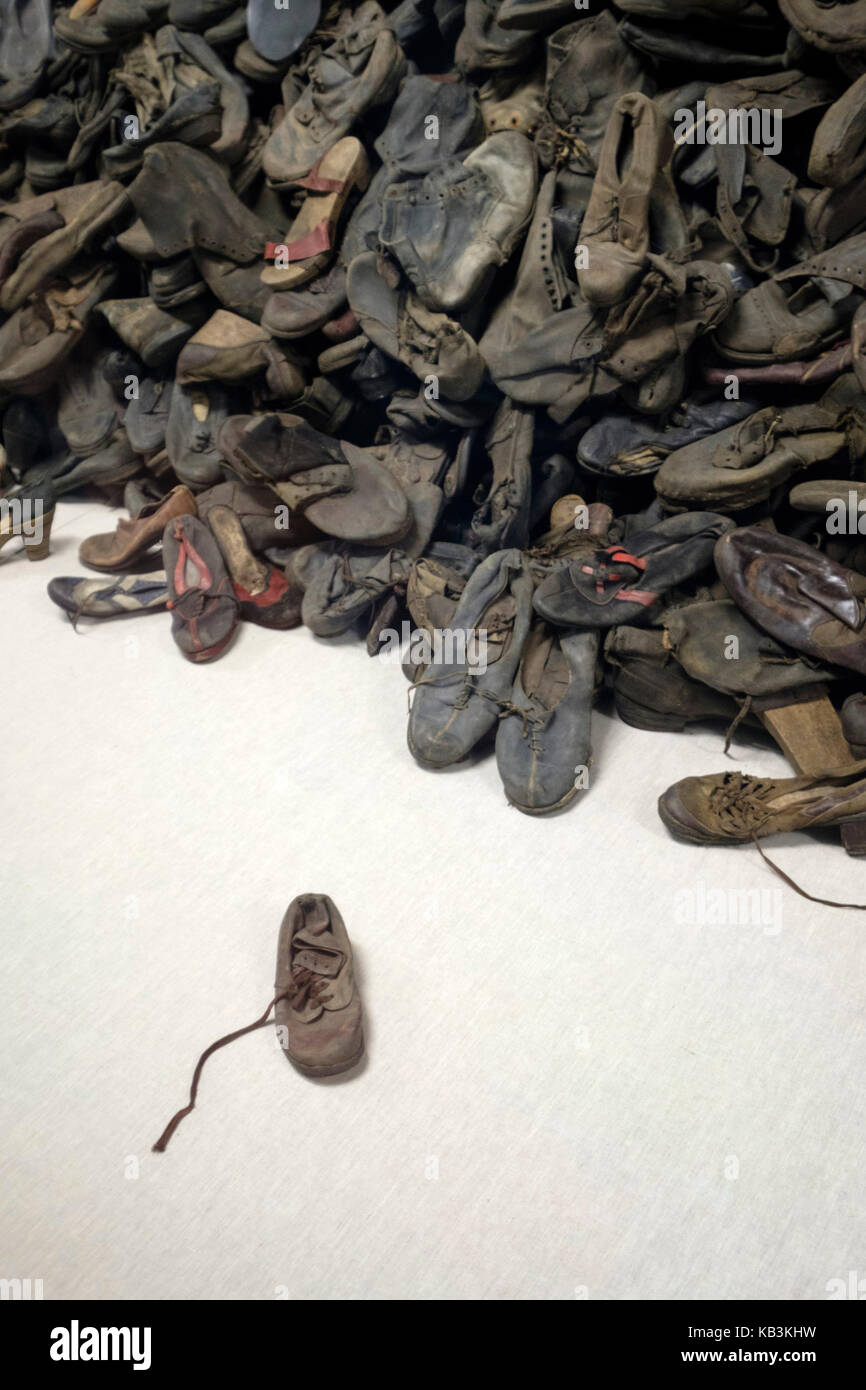 Pile of shoes belonging to prisoners at Auschwitz WWII Nazi concentration camp, Poland Stock Photo