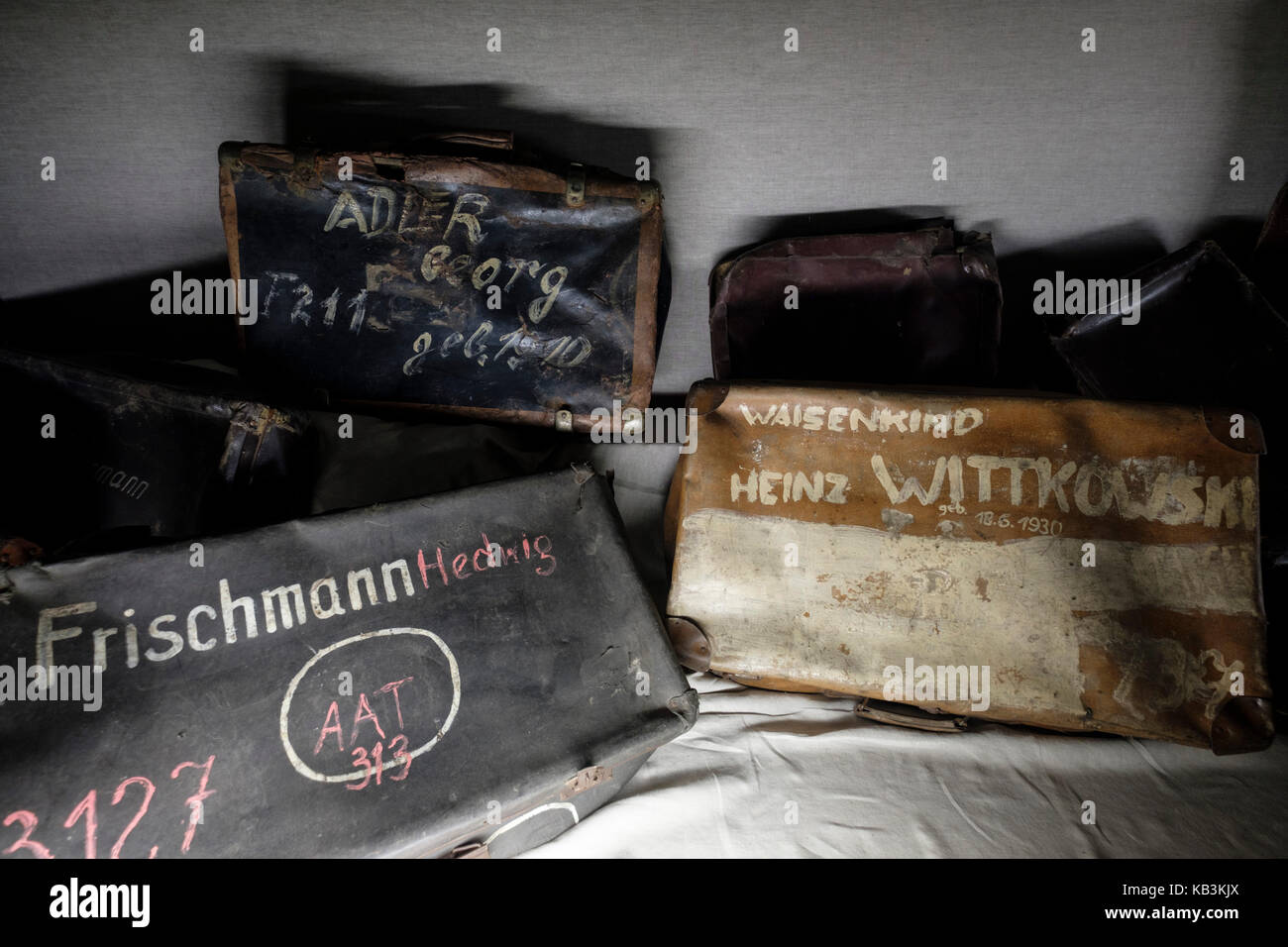 Suitcases belonging to prisoners at Auschwitz WWII Nazi concentration camp, Poland Stock Photo