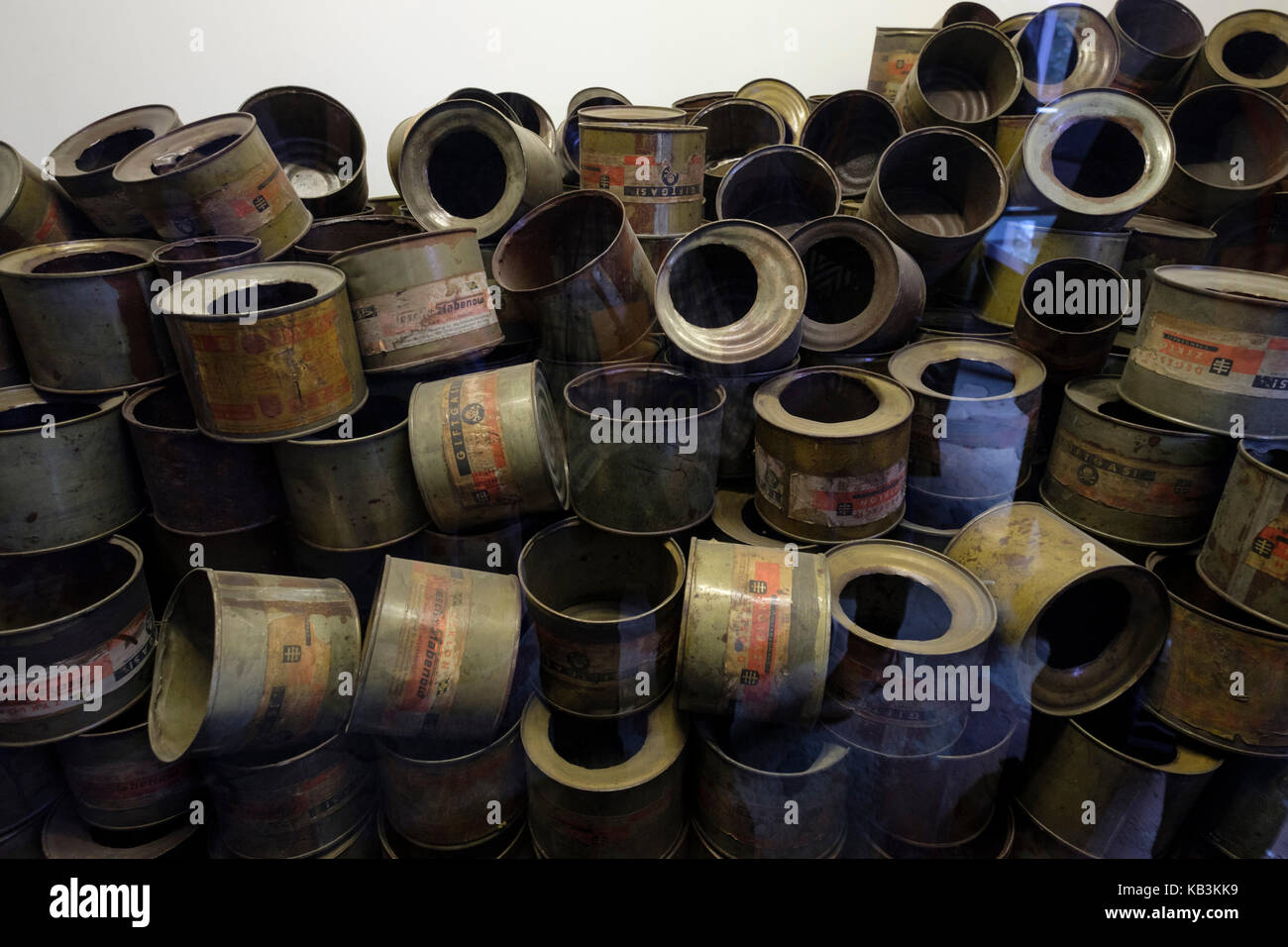 Zyklon B canisters used in the Auschwitz WWII nazi concentration camp's gas chambers, Poland Stock Photo