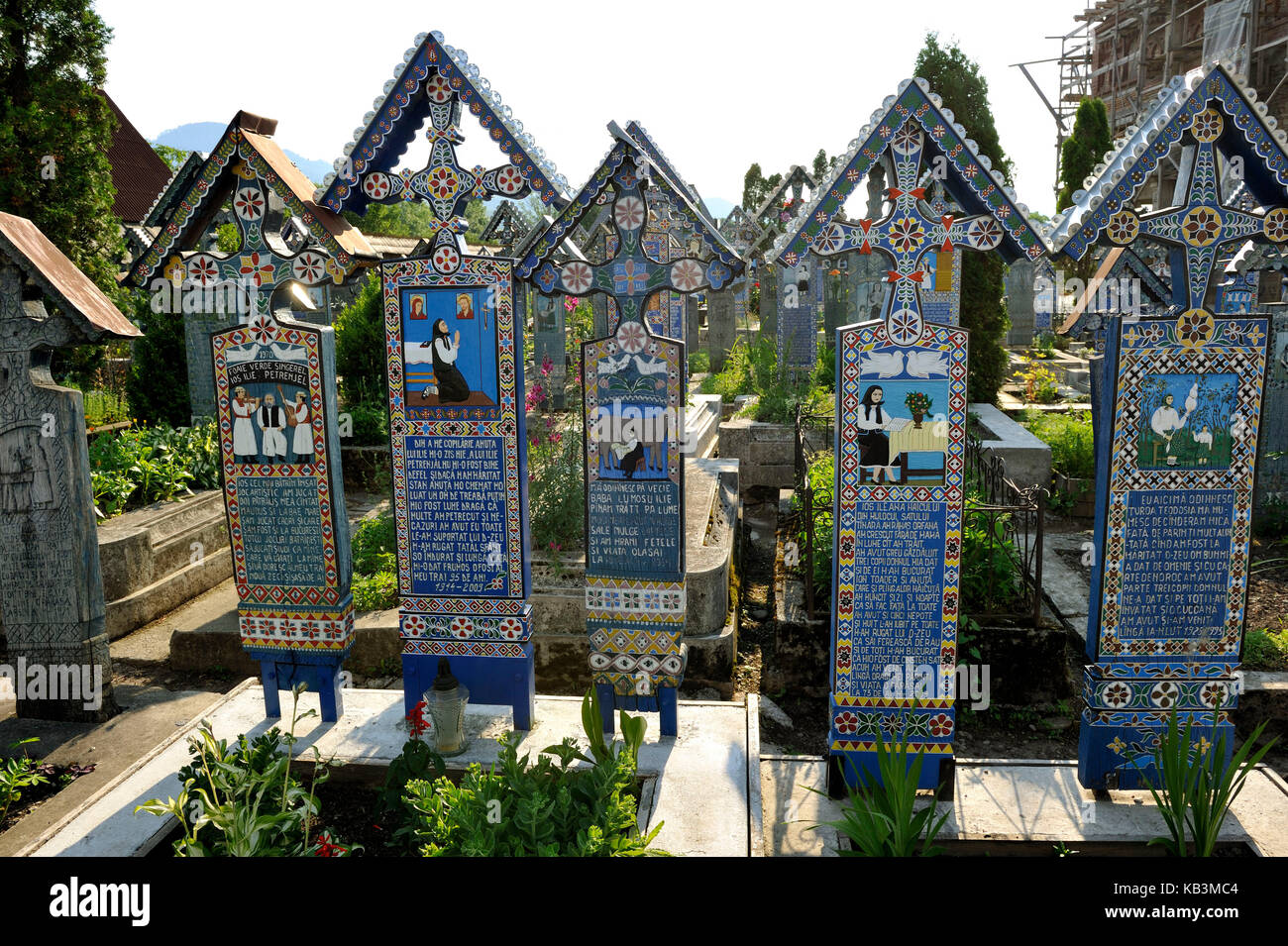 Romania, Maramures Region, Carpathian Mountains area, near Sighetu Marmatiei, Sapanta colourful cemetery Stock Photo