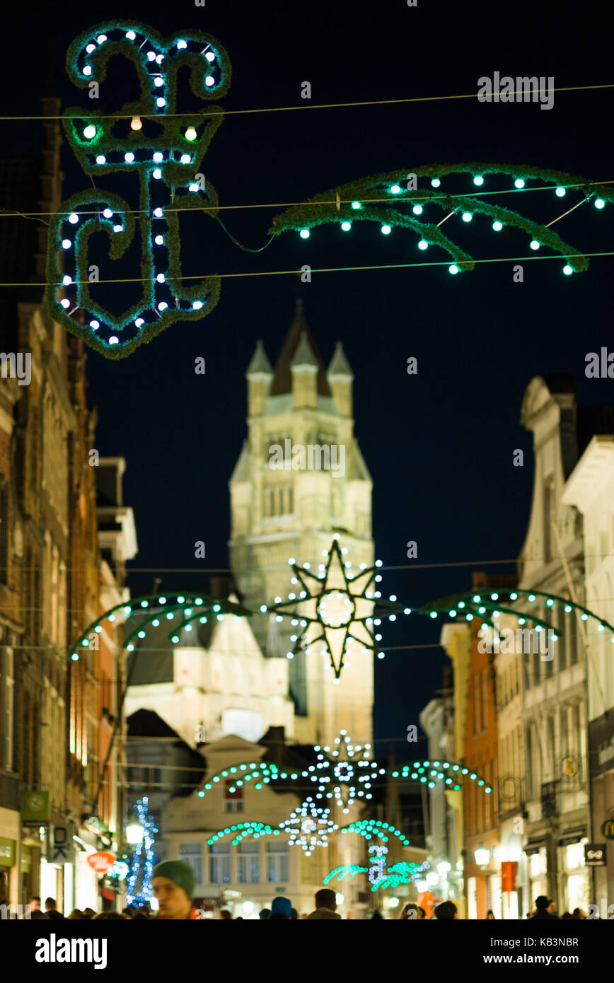 Belgium, Bruges, Steenstraat with Christmas decorations, evening Stock Photo
