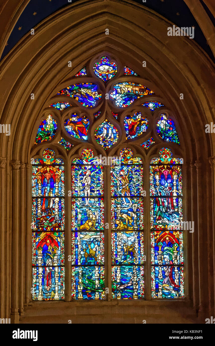 France, Finistere, Quimper, Saint Corentin Cathedral, the Baptismal font chapell, the stained glass of the baptism Stock Photo