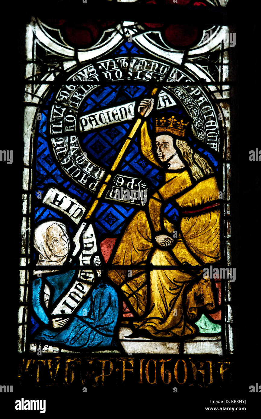 France, Bas-Rhin, Niederhaslach, Saint-Florent church, stained glasses of the virtue and the defect, Patience and impatience Stock Photo