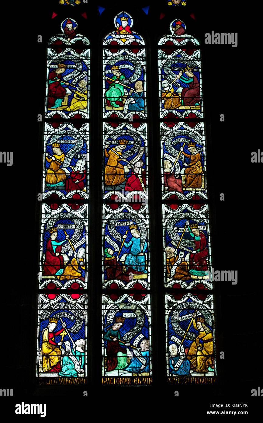 France, Bas-Rhin, Niederhaslach, Saint-Florent church, stained glasses of the virtue and the defect Stock Photo