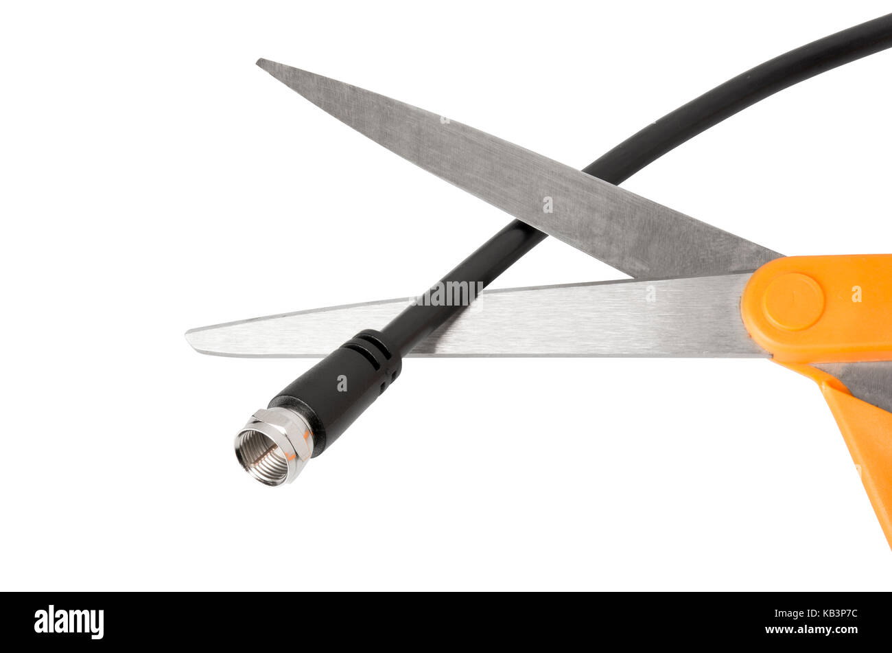 Scissors about to cut a coaxial cable cutting the cord, cable TV