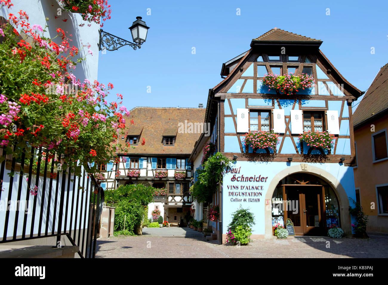 France, Haut Rhin, Alsace Wine Route, Eguisheim, labelled Les Plus Beaux Villages de France (The Most Beautiful Villages of France), traditional half timbered houses, house of the winemaker Paul Schneider Stock Photo
