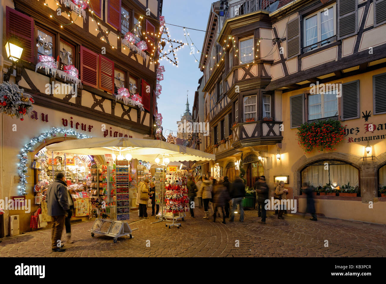 France, Haut Rhin, Colmar, Christmas decoration at Rue des Marchands Stock Photo