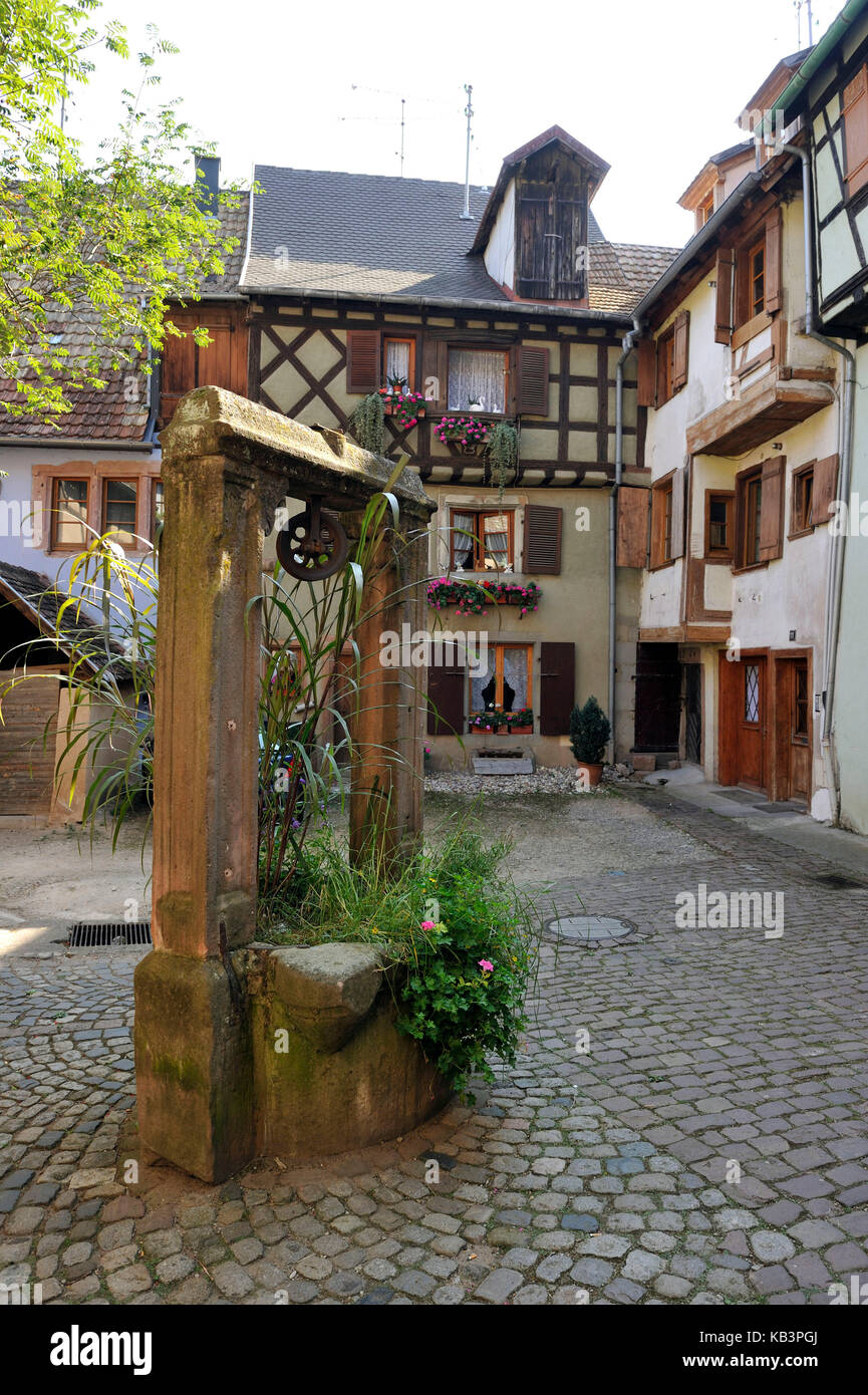 France, Haut Rhin, Alsace Wine Road, Riquewihr village, labelled Les Plus Beaux Villages de France (The Most Beautiful Villages of France), Juif courtyard Stock Photo