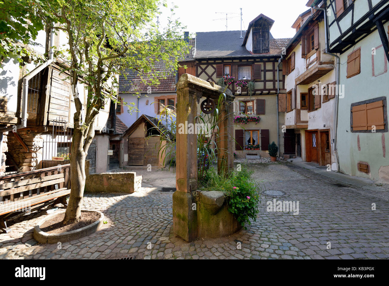 France, Haut Rhin, Alsace Wine Road, Riquewihr village, labelled Les Plus Beaux Villages de France (The Most Beautiful Villages of France), Juif courtyard Stock Photo