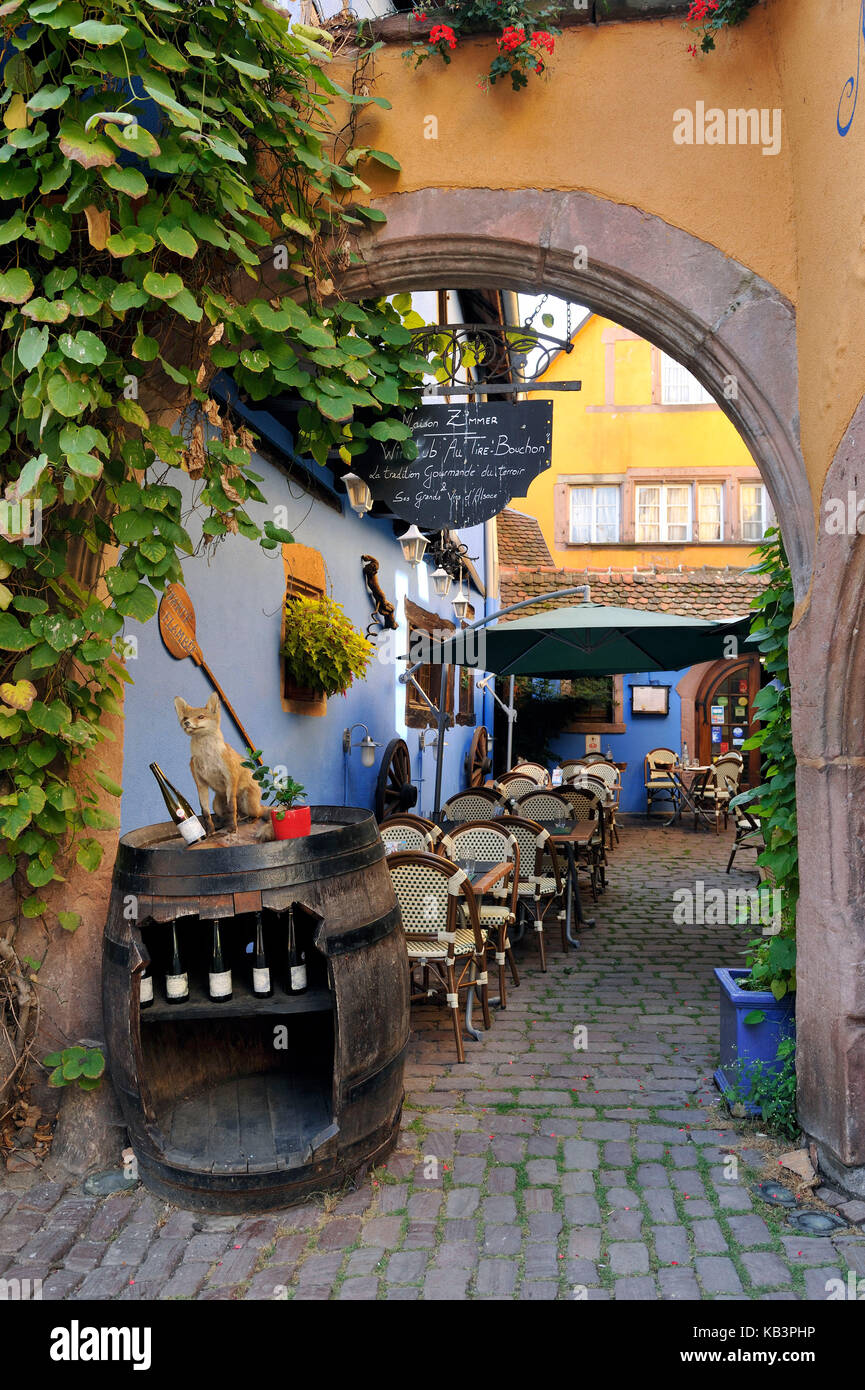 France, Haut Rhin, Alsace Wine Road, Riquewihr village, labelled Les Plus Beaux Villages de France (The Most Beautiful Villages of France), Winstub Au Tire Bouchon Stock Photo