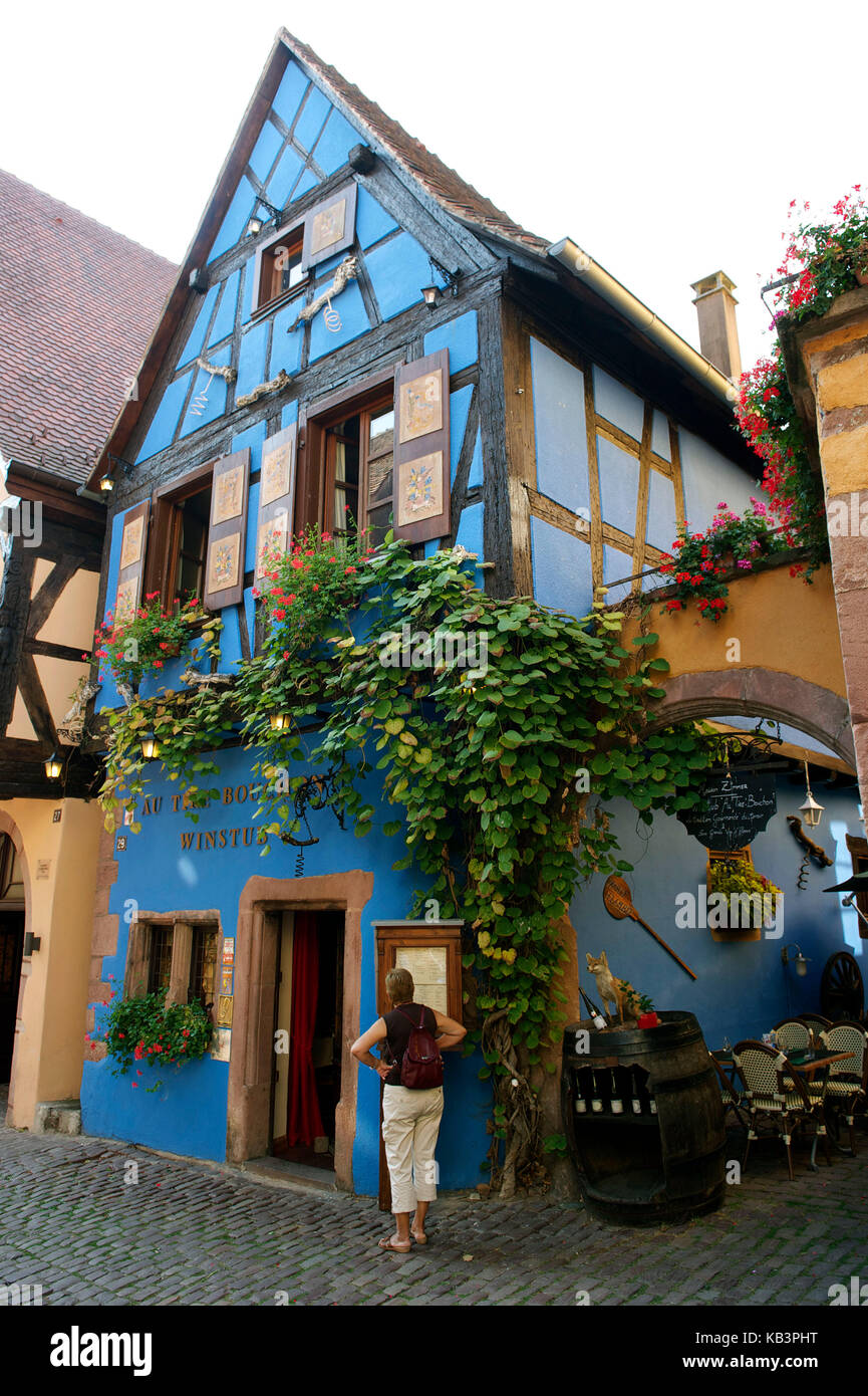 France, Haut Rhin, Alsace Wine Road, Riquewihr village, labelled Les Plus Beaux Villages de France (The Most Beautiful Villages of France), Winstub Au Tire Bouchon Stock Photo