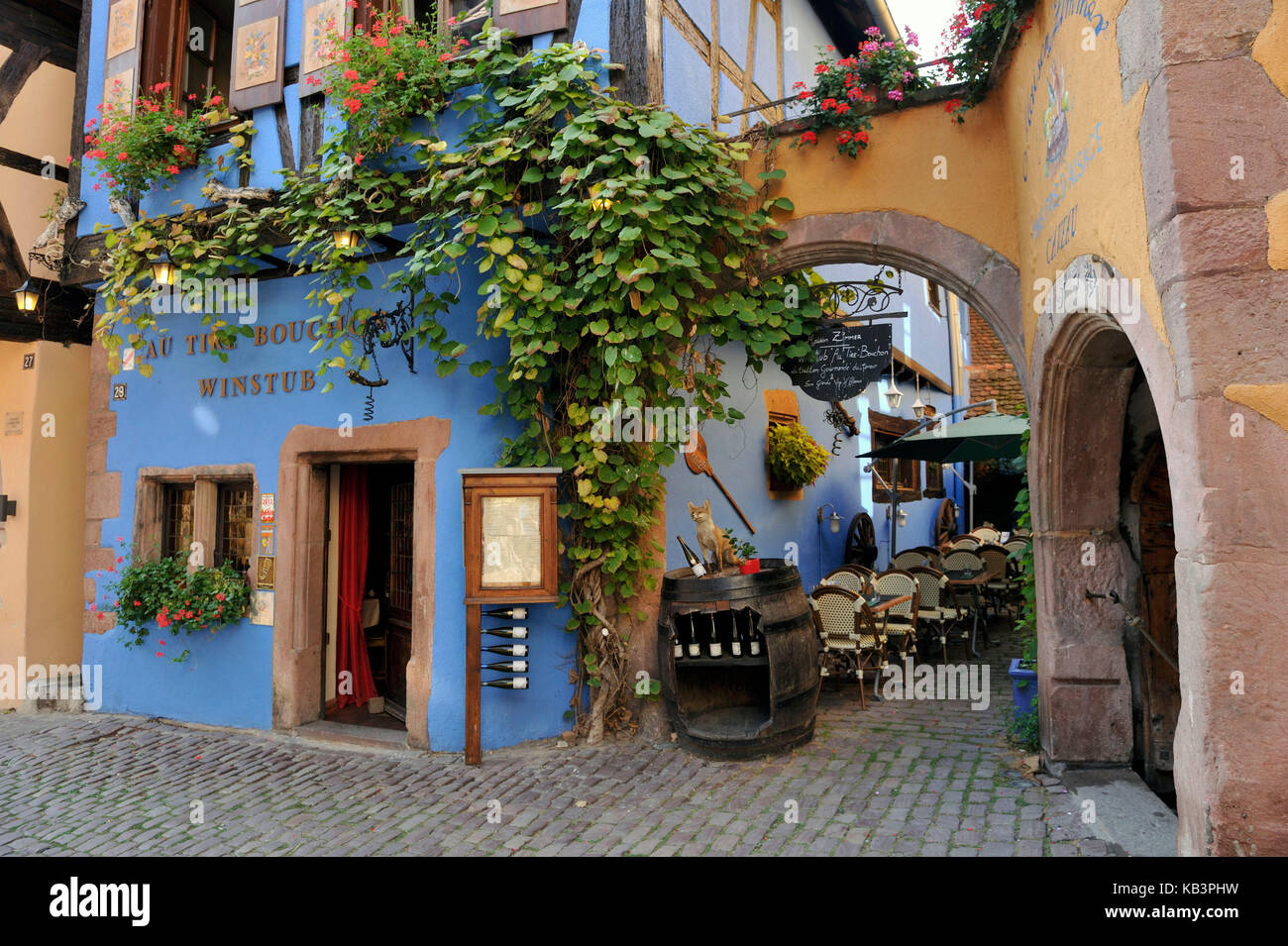 France, Haut Rhin, Alsace Wine Road, Riquewihr village, labelled Les Plus Beaux Villages de France (The Most Beautiful Villages of France), Winstub Au Tire Bouchon Stock Photo