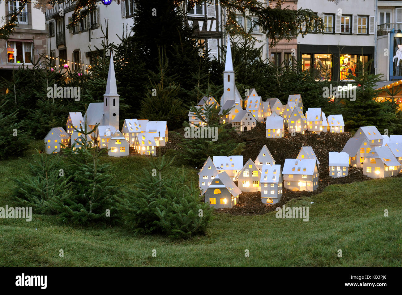 France, Bas Rhin, Strasbourg, old town listed as World Heritage by UNESCO, miniature village at the big christmas tree on Place Kleber Stock Photo