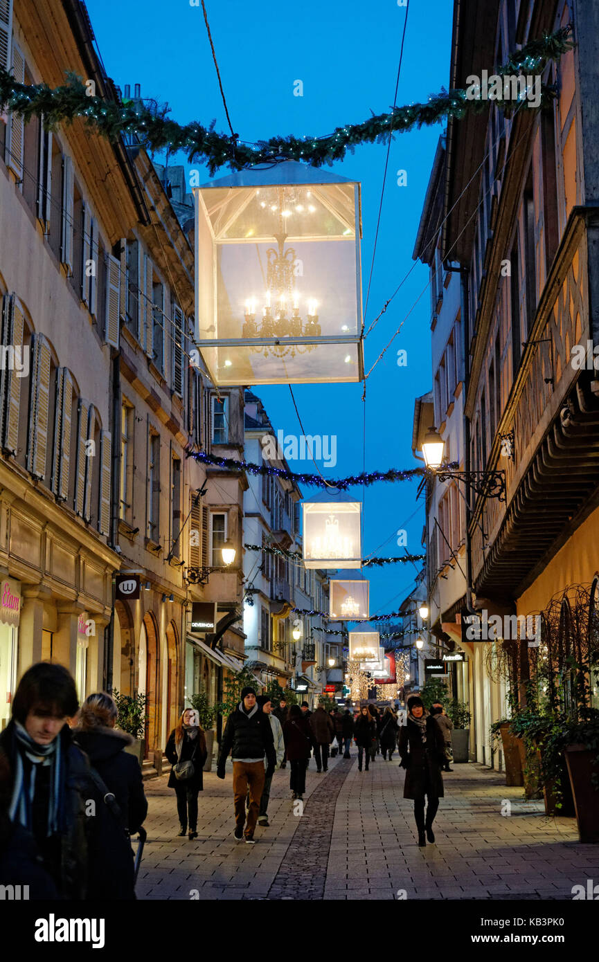 France, Bas Rhin, Strasbourg, old town listed as World Heritage by UNESCO, Christmas decoration at rue des Hallebarde, glosses of Baccarat Stock Photo