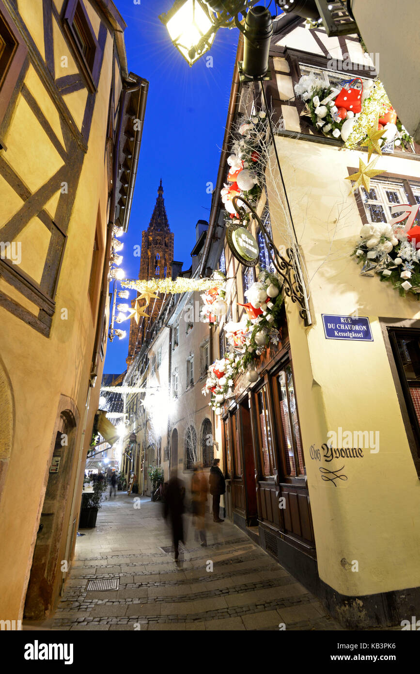 France, Bas Rhin, Strasbourg, old town listed as World Heritage by UNESCO, Christmas decoration at rue du Sanglier and Notre Dame Cathedral Stock Photo