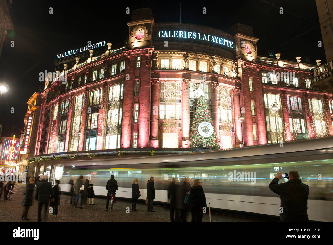 France, Bas Rhin, Strasbourg, old town listed as World Heritage by UNESCO, Christmas decoration on the Galeries Lafayettes Department store, Rue du 22 Novembre and Rue des Francs Stock Photo