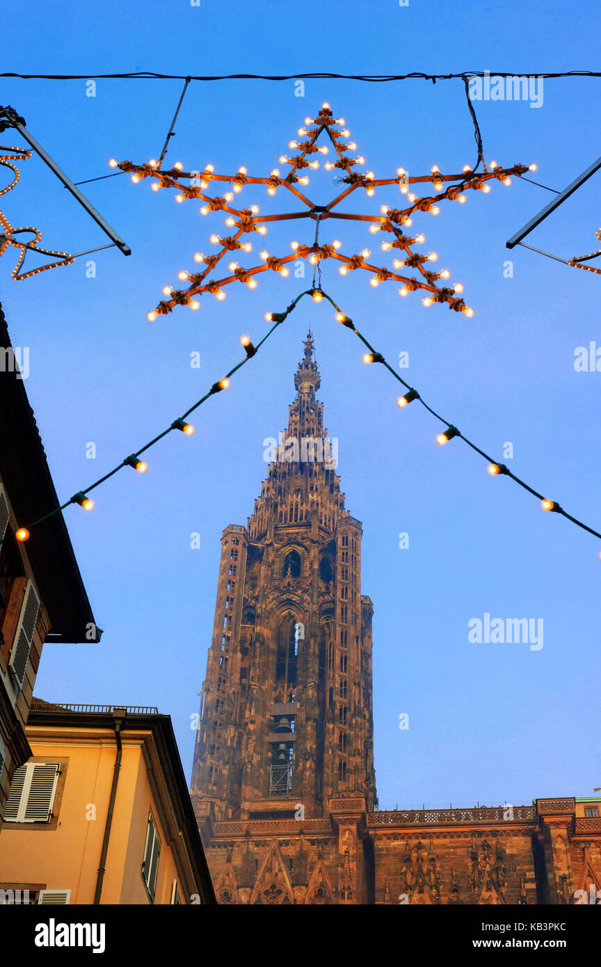 France, Bas Rhin, Strasbourg, old town listed as World Heritage by UNESCO, Christmas decoration, Rue Mercière and Notre Dame Cathedral Stock Photo