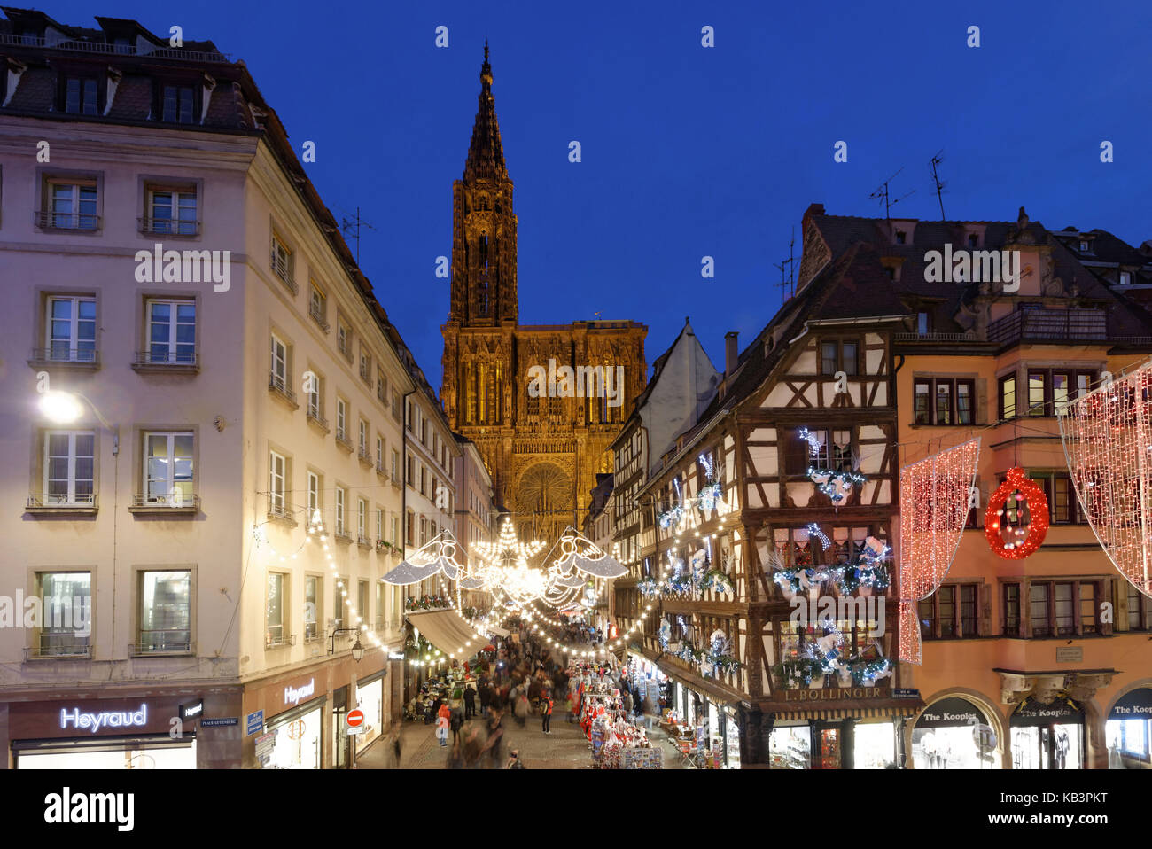 France, Bas Rhin, Strasbourg, old town listed as World Heritage by UNESCO, Christmas decoration, Rue Mercière and Notre Dame Cathedral Stock Photo