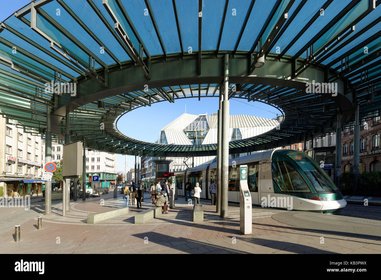 France, Bas Rhin, Strasbourg, old town listed as World Heritage by UNESCO, place of the Homme de Fer (Iron man) in front of the modernized Printemps department store, centre of meeting of the lines of streetcars (tram) Stock Photo