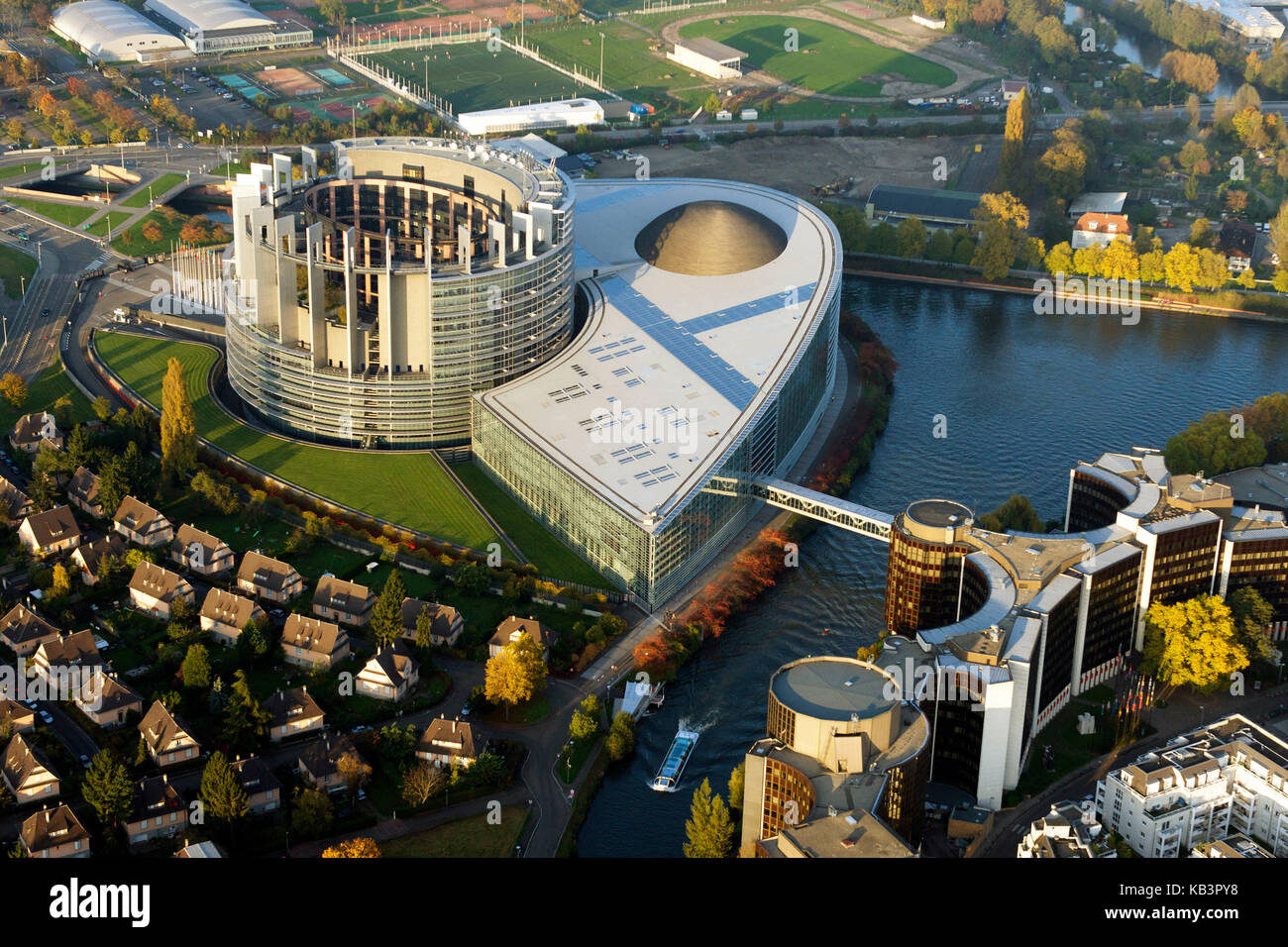 France, Bas Rhin, Strasbourg, European district with the European Parlement (Air sight) Stock Photo