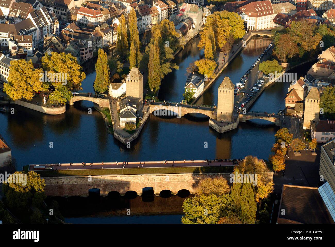 France, Bas Rhin, Strasbourg, old town listed as World Heritage by UNESCO, the Covered Bridges over the River Ill (air sight) Stock Photo