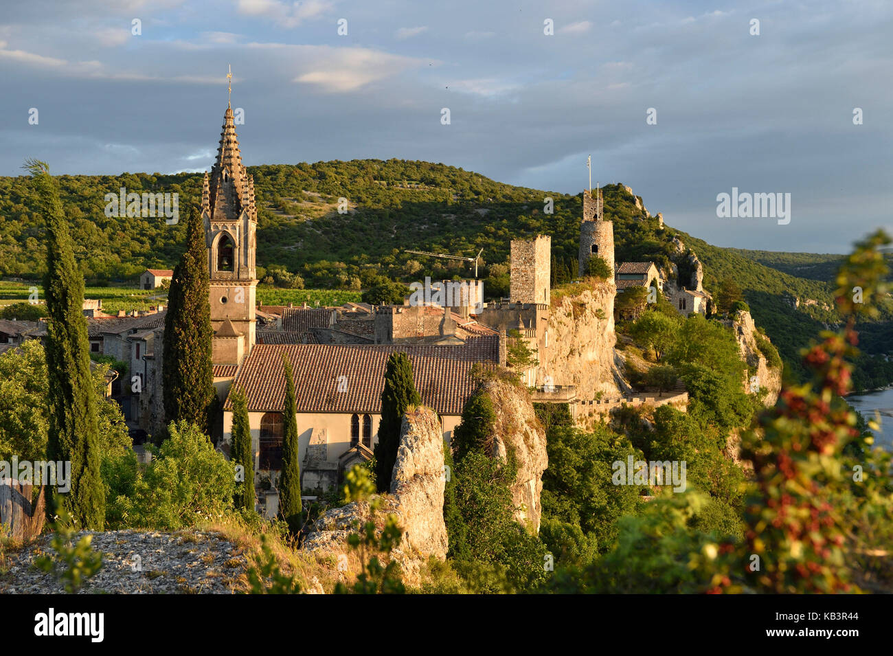 France, Gard, Aigueze, labelled Les Plus Beaux Villages de France (The Most Beautiful Villages of France), Medieval village perched above the Ardeche river Stock Photo