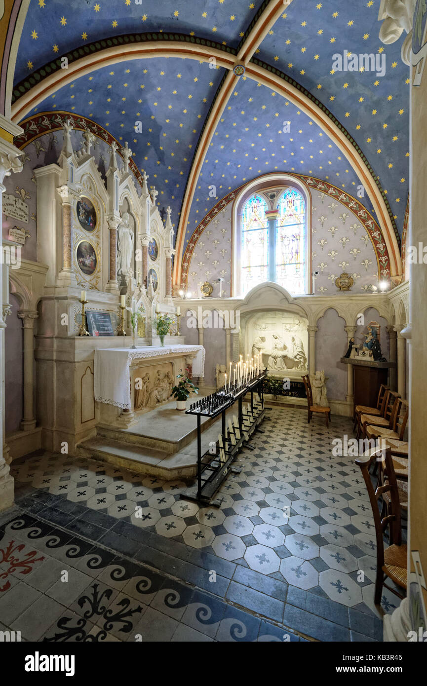 France, Gard, Aigueze, labelled Les Plus Beaux Villages de France (The Most Beautiful Villages of France), Medieval village perched above the Ardeche river, St Roch church Stock Photo