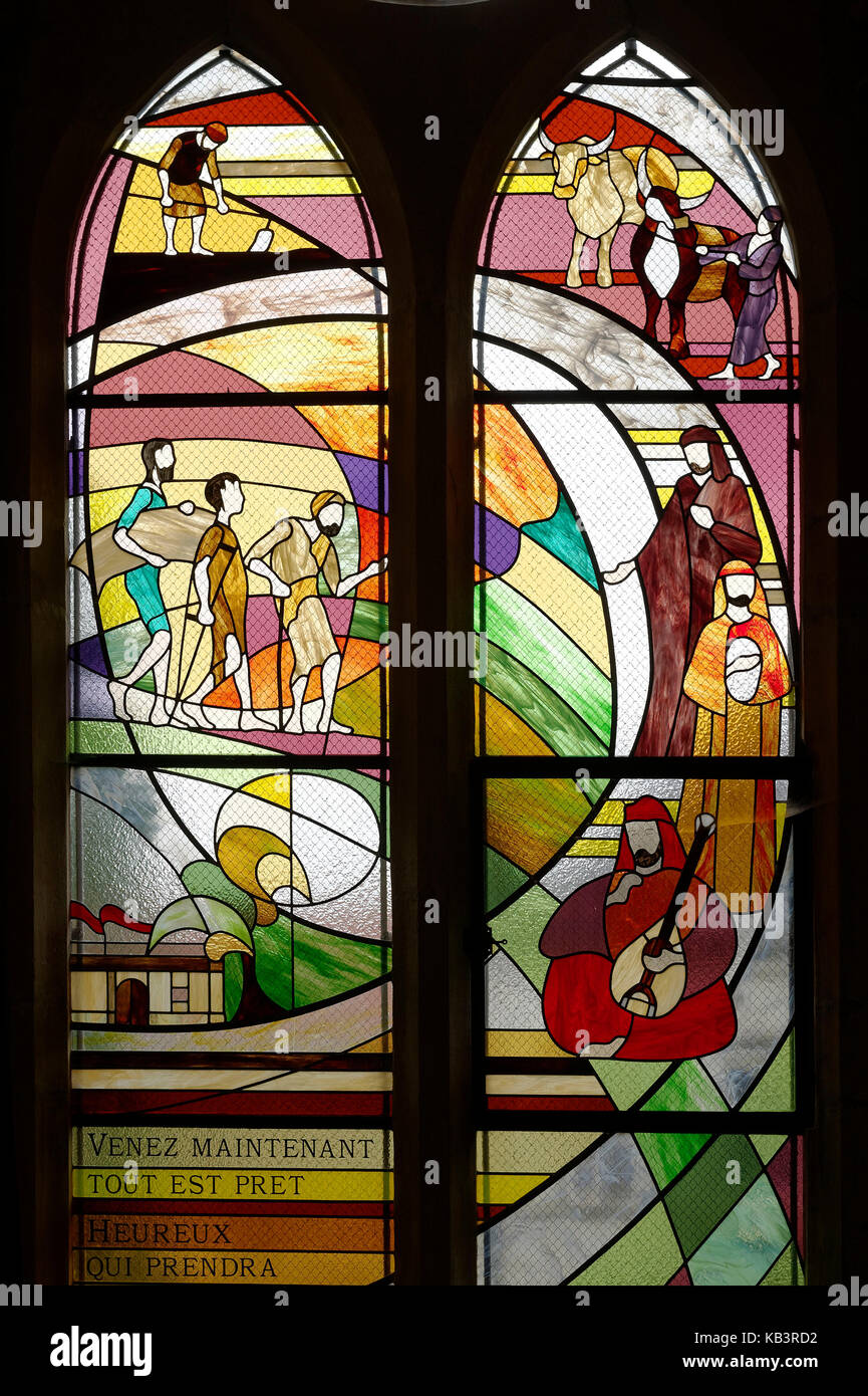 France, Moselle, Reformed Prostestant temple of Montigny les Metz, The large banquet by Yvonne Maury, painter in stained glass Stock Photo