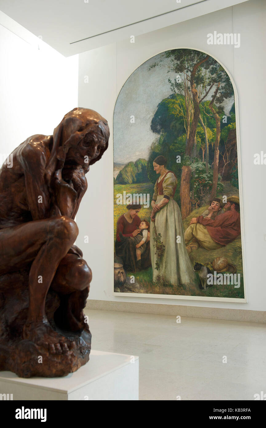 France, Meurthe et Moselle, Nancy, Stanislas square, Fine Arts museum, wood sculpture of Jules Desbois, 1896 and Happy days, painting of Emile Friant, 1895 Stock Photo