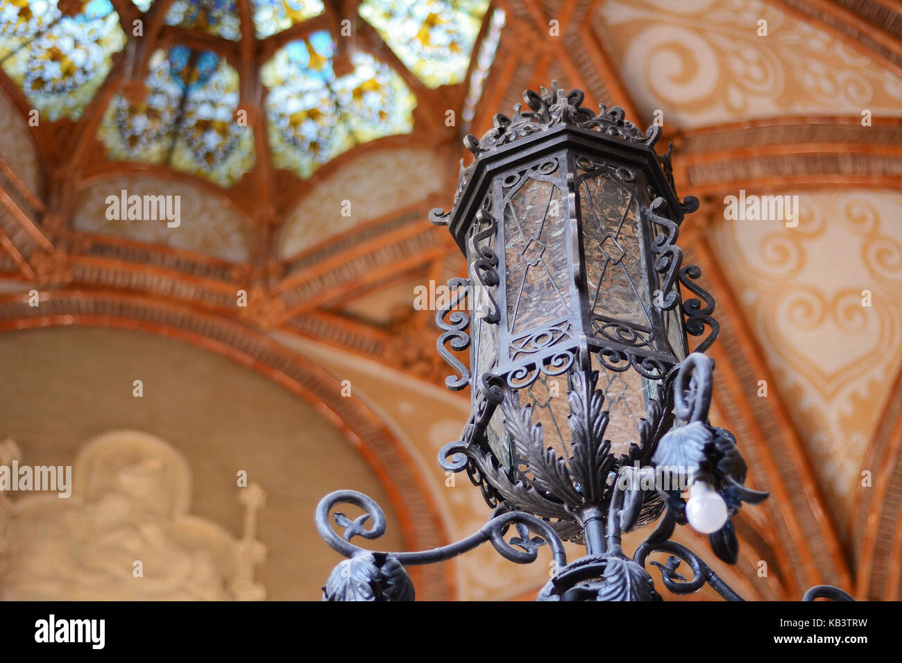 Old lantern against beautiful glass roof. Stock Photo