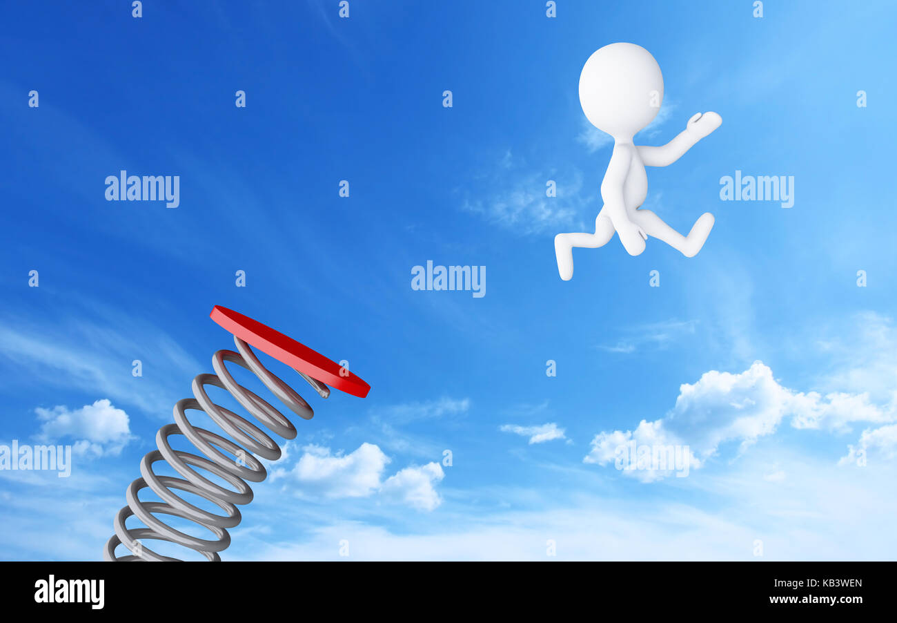 3d illusrtaion. White people jumping on springboard on blue sky ...