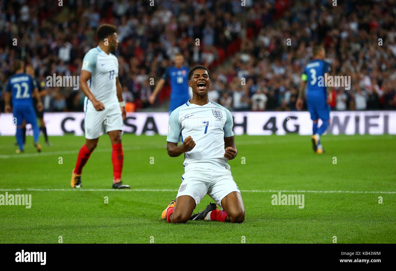 Marcus Rashford of England celebrates scoring the winning goal during the FIFA World Cup Qualifier match between England and Slovakia at Wembley Stadium in London. 04 Sep 2017 Stock Photo