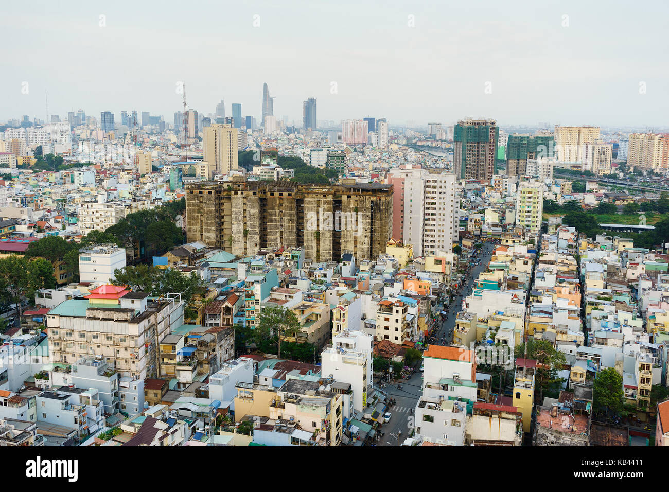 Old apartment in sunset, Saigon, Vietnam. Ho Chi Minh city (aka Saigon