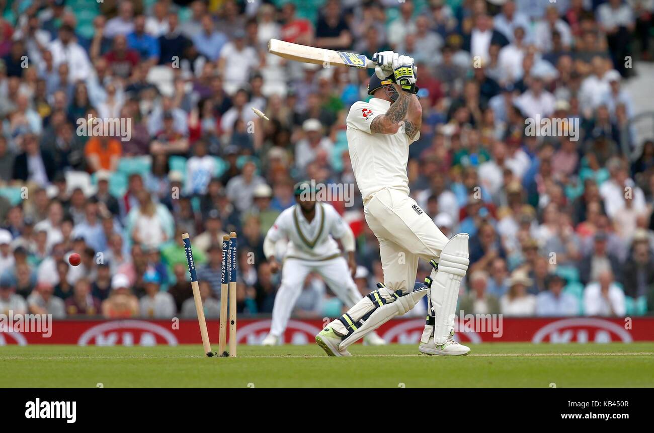 Ben Stokes of England is bowled during day four of the third Investec Test match between England and South Africa at The Oval in London. 30 Jul 2017 Stock Photo