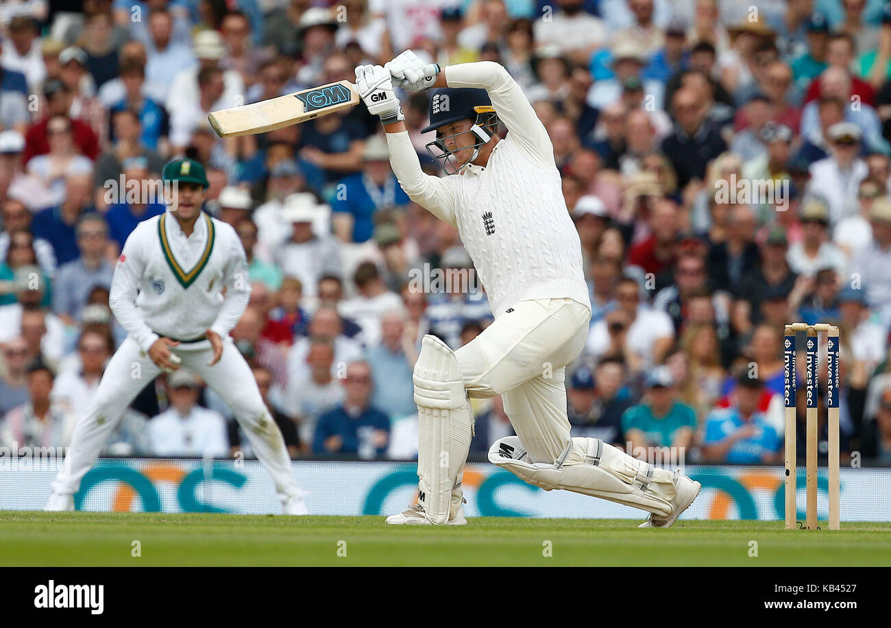 Tom Westley of England  drives during day four of the third Investec Test match between England and South Africa at The Oval in London. 30 Jul 2017 Stock Photo
