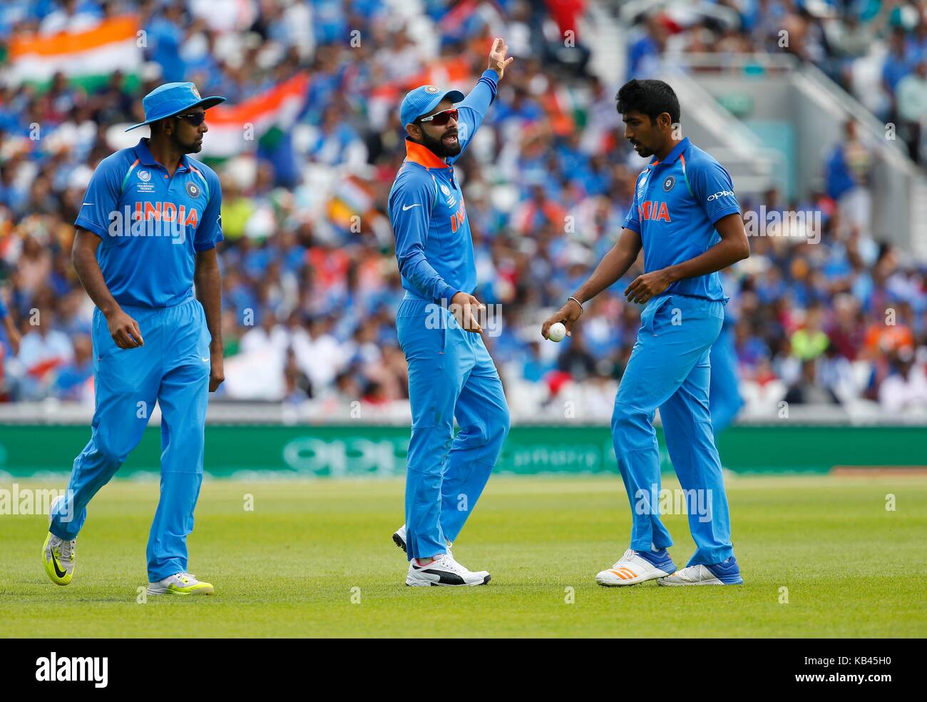 Indias Captain Virat Kohli Sets His Field With Bowler Jasprit Bumrah