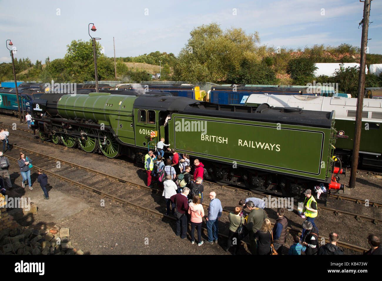 Visitors queue to board Tornado the A1 Steam Locomotive at Barrow Hill Roundhouse & Railway Centre in Barrow Hill, near Chesterfield Stock Photo