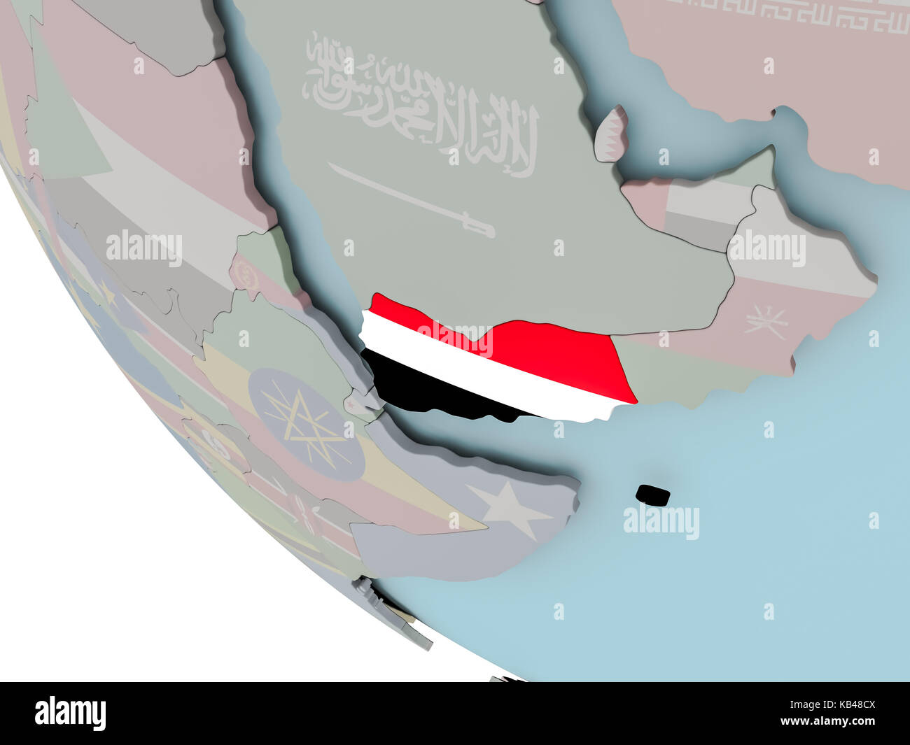Map of Yemen on political globe with embedded flags. 3D illustration ...