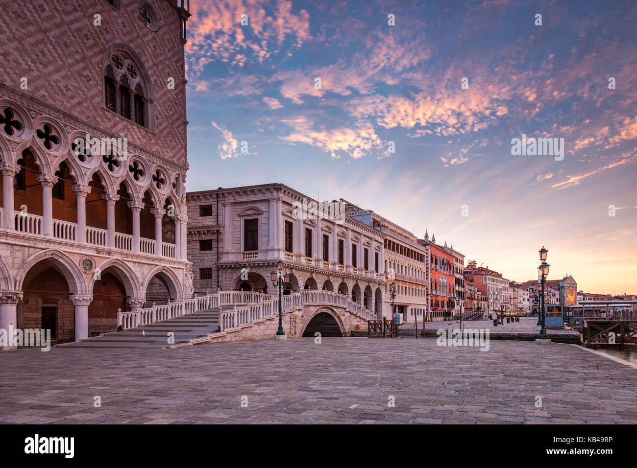The promenade in front of the Doges Palace in Venice, Italy at sunrise Stock Photo