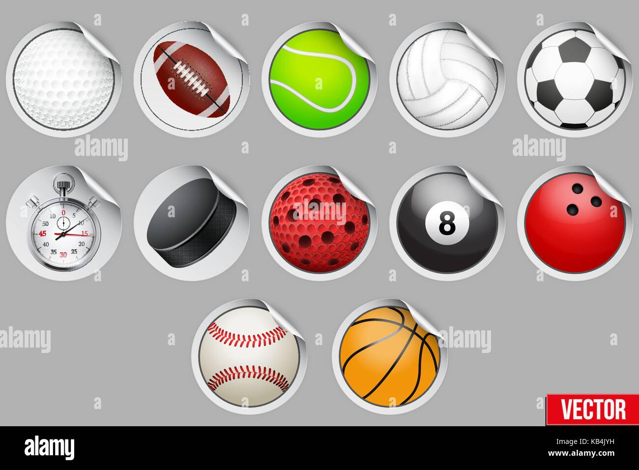 Round Stickers with sport balls and equipment. Stock Vector