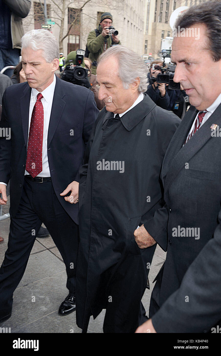 NEW YORK - MARCH 11: Bernard Madoff, the New York financier accused of masterminding the biggest Ponzi scheme ever, plans to plead guilty this week to 11 felony charges that will probably put him behind bars for the rest of his life, his lawyer said Tuesday.  Madoff, 70, will admit to running a fraud dating back to the 1980s. He solicited billions of dollars from pension funds, charities and other investors, at times promising annual returns of as much as 46 percent, according to court documents filed Tuesday afternoon in U.S. District Court in Manhattan.  He set up accounts in London, in part Stock Photo